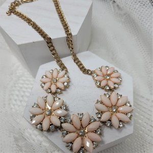 Pink Flower & Rhinestone Necklace Goldtone